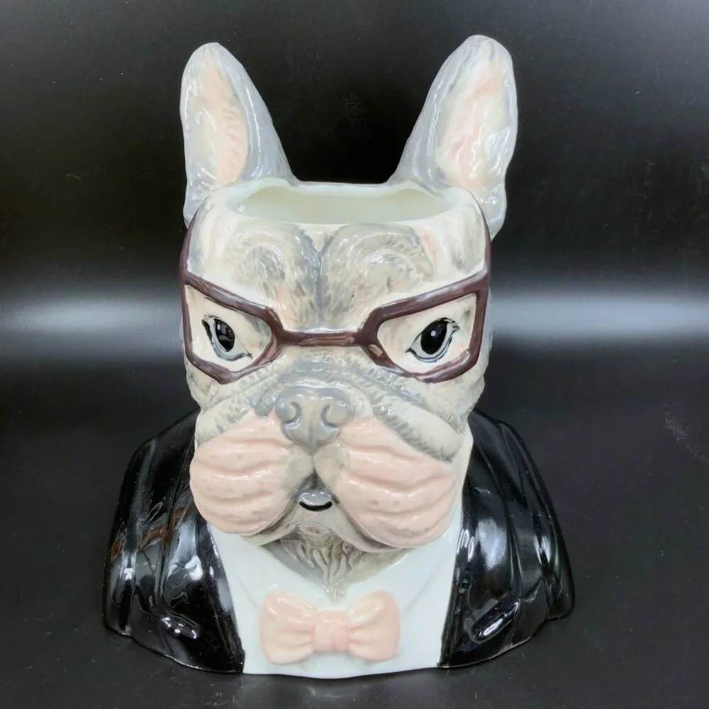 West Elm French Bulldog Planter Vase‎ Decor Dapper Animal Porcelain Figurine New